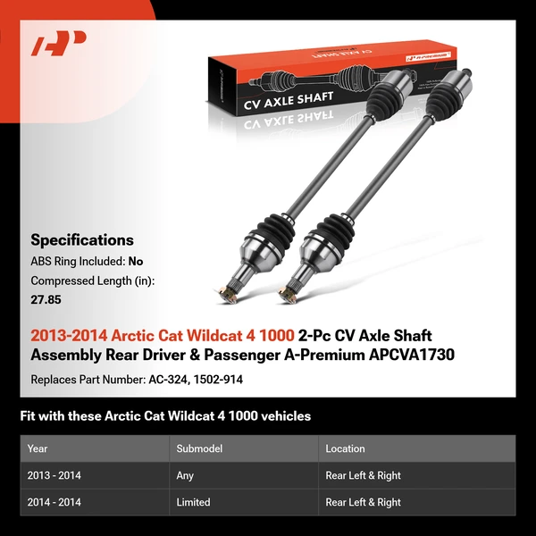 2013-2014 Arctic Cat Wildcat 4 1000 2-Pc CV Axle Shaft Assembly Rear Driver & Passenger A-Premium APCVA1730