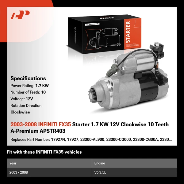 2003-2008 INFINITI FX35 Starter 1.7 KW 12V Clockwise 10 Teeth A-Premium APSTR403