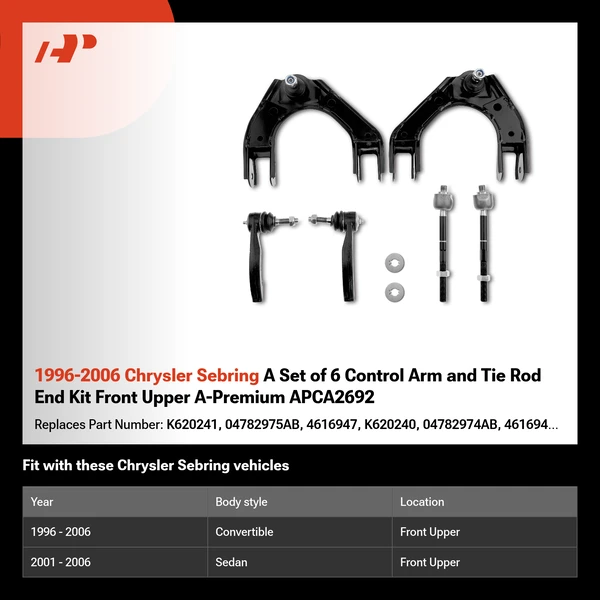 1996-2006 Chrysler Sebring A Set of 6 Control Arm and Tie Rod End Kit Front Upper A-Premium APCA2692