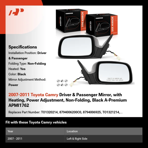 2007-2011 Toyota Camry Driver & Passenger Mirror, with Heating, Power Adjustment, Non-Folding, Black A-Premium APMI1762