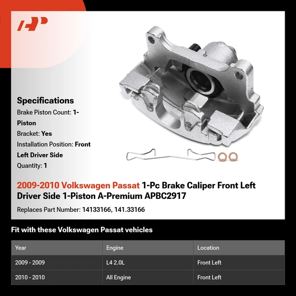 2009-2010 Volkswagen Passat 1-Pc Brake Caliper Front Left Driver Side 1-Piston A-Premium APBC2917