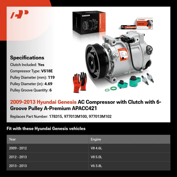 2009-2013 Hyundai Genesis AC Compressor with Clutch with 6-Groove Pulley A-Premium APACC421