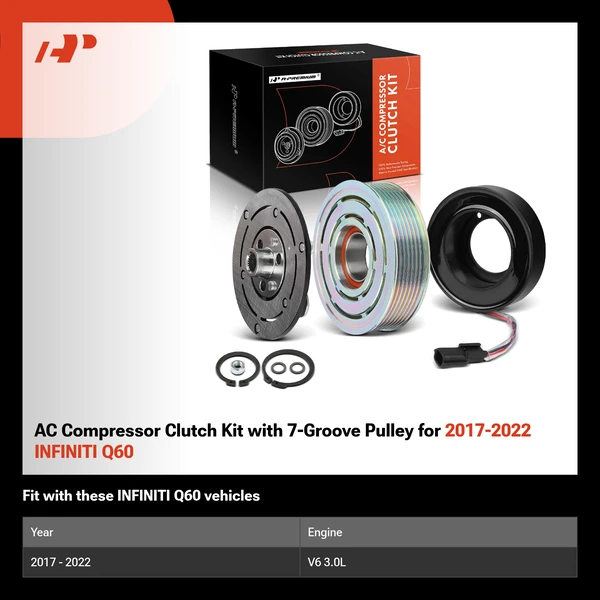 AC Compressor Clutch Kit with 7-Groove Pulley for 2017-2022 INFINITI Q60