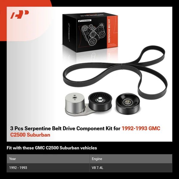 3 Pcs Serpentine Belt Drive Component Kit for 1992-1993 GMC C2500 Suburban