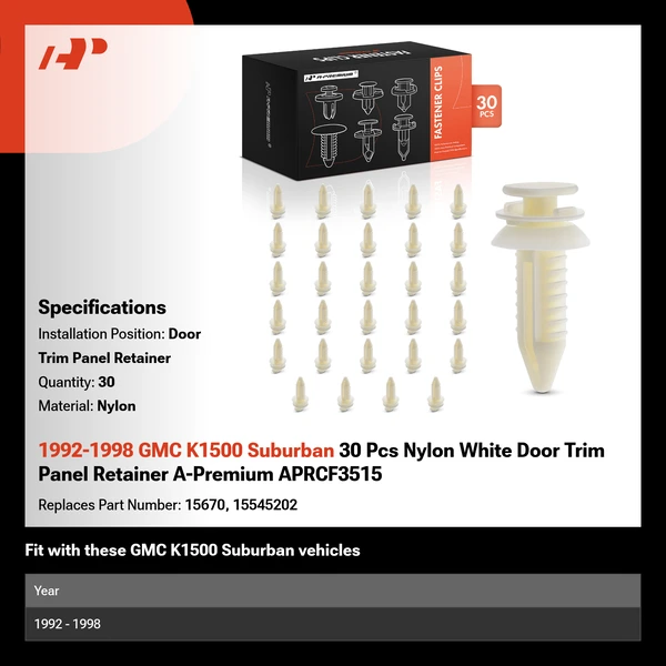 1992-1998 GMC K1500 Suburban 30 Pcs Nylon White Door Trim Panel Retainer A-Premium APRCF3515