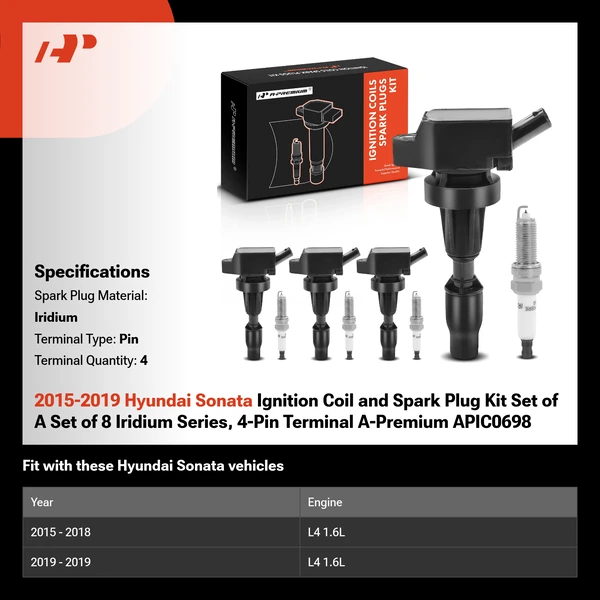 2015-2019 Hyundai Sonata Ignition Coil and Spark Plug Kit Set of A Set of 8 Iridium Series, 4-Pin Terminal A-Premium APIC0698