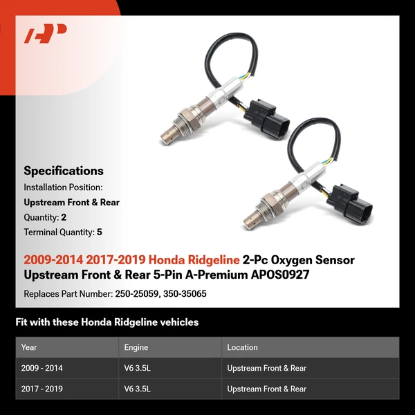 2009-2014 2017-2019 Honda Ridgeline 2-Pc Oxygen Sensor Upstream Front & Rear 5-Pin A-Premium APOS0927