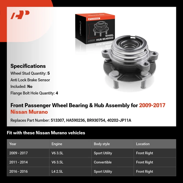 Front Passenger Wheel Bearing & Hub Assembly for 2009-2017 Nissan Murano