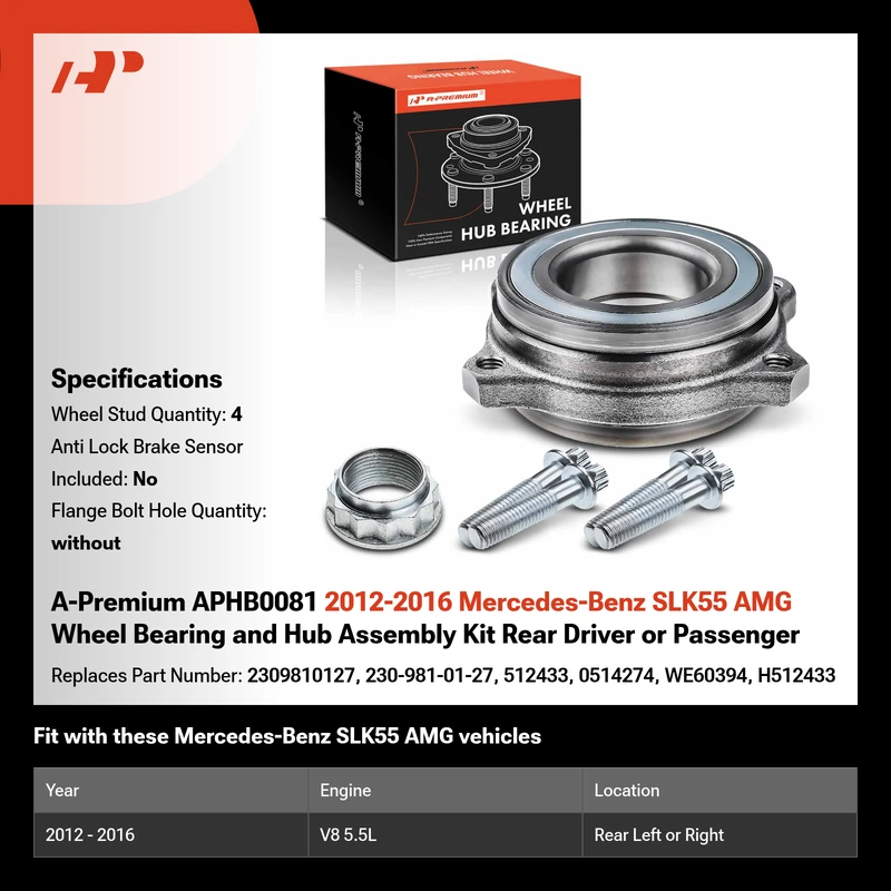 A-Premium APHB0081 2012-2016 Mercedes-Benz SLK55 AMG Wheel Bearing and Hub Assembly Kit Rear Driver or Passenger
