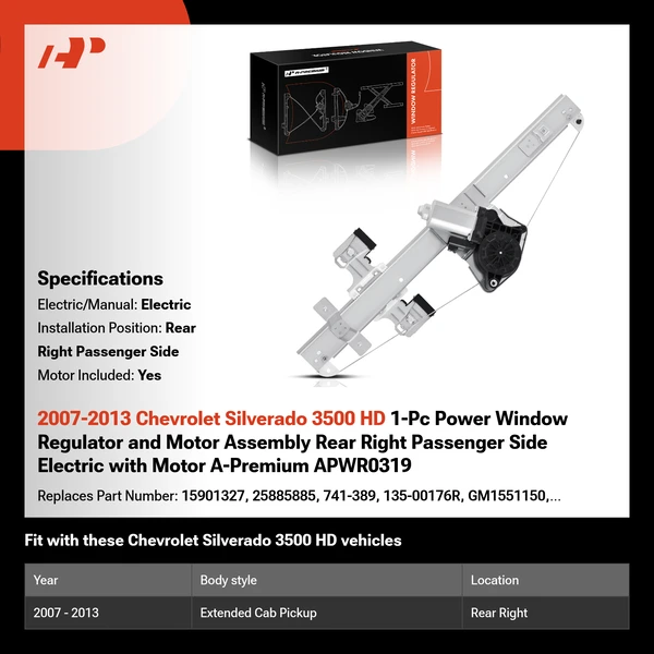 2007-2013 Chevrolet Silverado 3500 HD 1-Pc Power Window Regulator and Motor Assembly Rear Right Passenger Side Electric with Motor A-Premium APWR0319