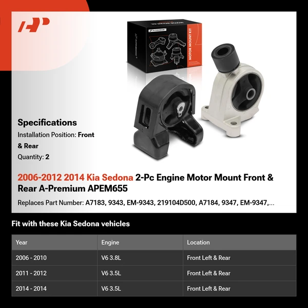 2006-2012 2014 Kia Sedona 2-Pc Engine Motor Mount Front & Rear A-Premium APEM655