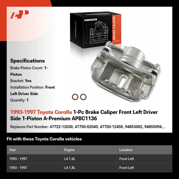 1993-1997 Toyota Corolla 1-Pc Brake Caliper Front Left Driver Side 1-Piston A-Premium APBC1136