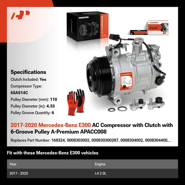 2017-2020 Mercedes-Benz E300 AC Compressor with Clutch with 6-Groove Pulley A-Premium APACC008