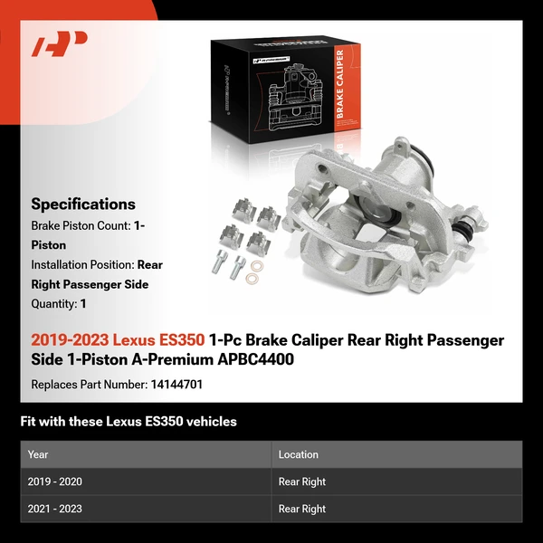 2019-2023 Lexus ES350 1-Pc Brake Caliper Rear Right Passenger Side 1-Piston A-Premium APBC4400