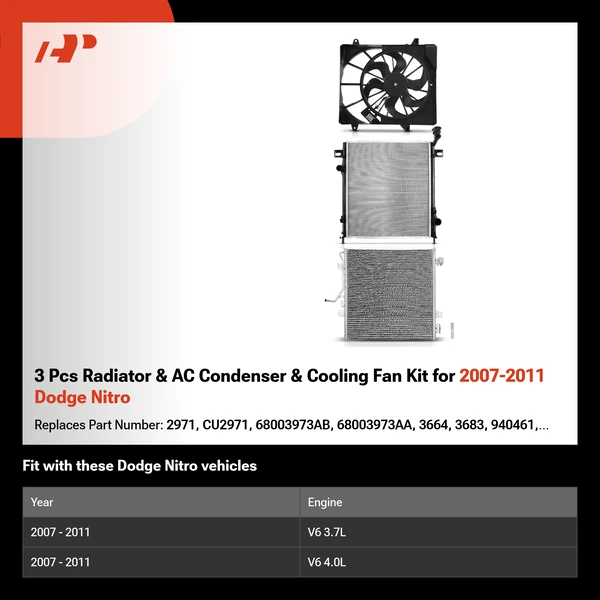 3 Pcs Radiator & AC Condenser & Cooling Fan Kit for 2007-2011 Dodge Nitro