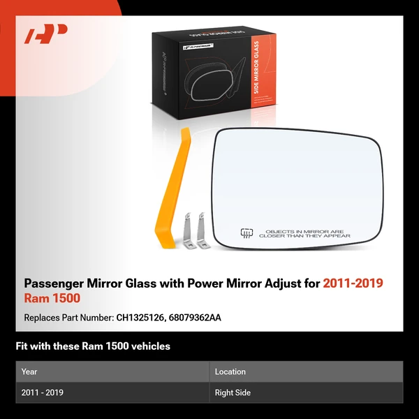 Passenger Mirror Glass with Power Mirror Adjust for 2011-2019 Ram 1500