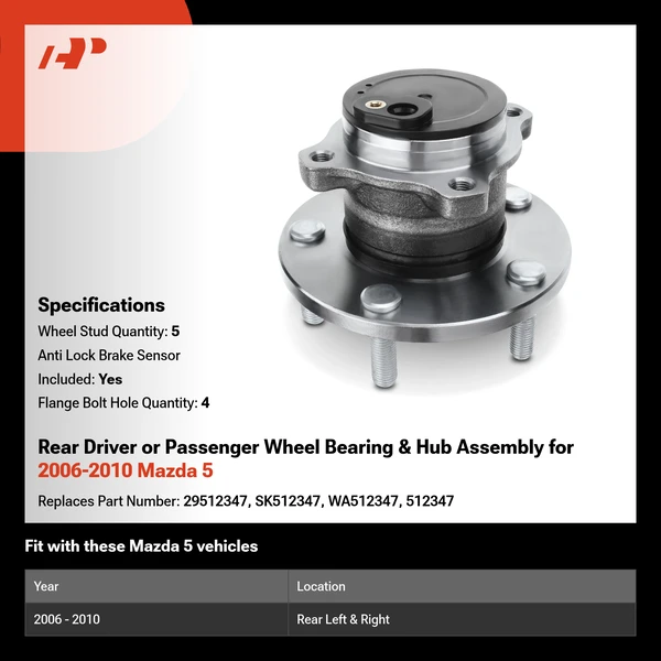 Rear Driver or Passenger Wheel Bearing & Hub Assembly for 2006-2010 Mazda 5