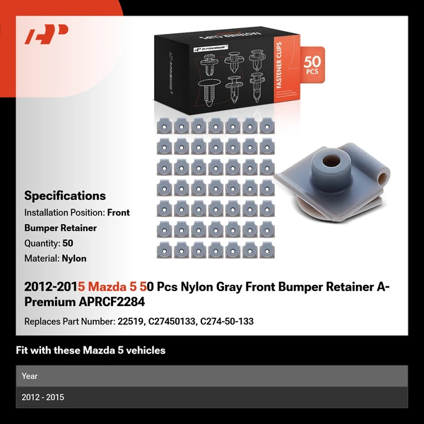 2012-2015 Mazda 5 50 Pcs Nylon Gray Front Bumper Retainer A-Premium APRCF2284