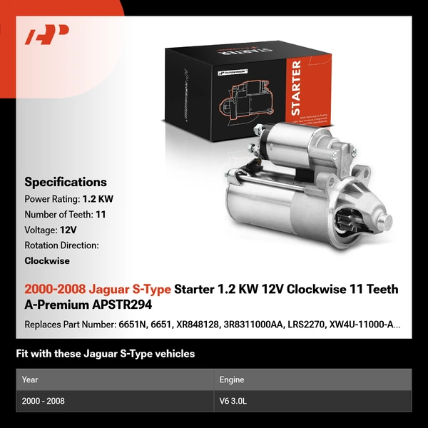 2000-2008 Jaguar S-Type Starter 1.2 KW 12V Clockwise 11 Teeth A-Premium APSTR294