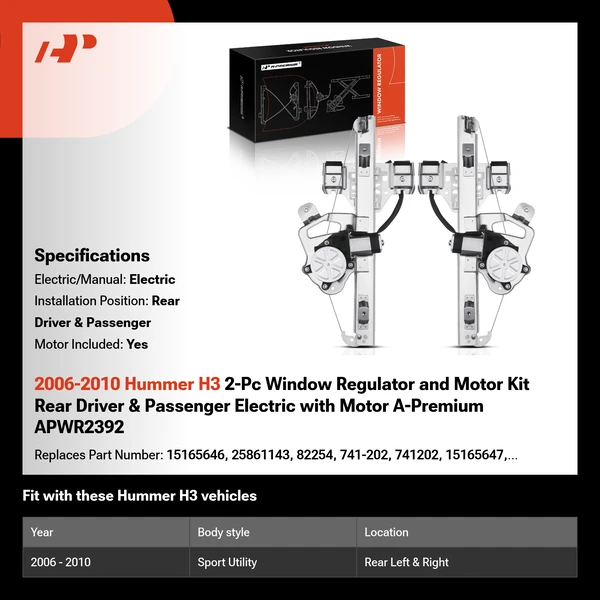 2006-2010 Hummer H3 2-Pc Window Regulator and Motor Kit Rear Driver & Passenger Electric with Motor A-Premium APWR2392