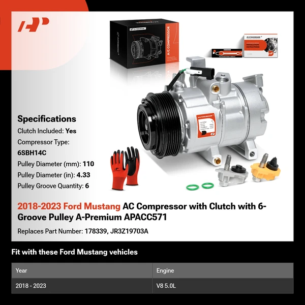 2018-2023 Ford Mustang AC Compressor with Clutch with 6-Groove Pulley A-Premium APACC571