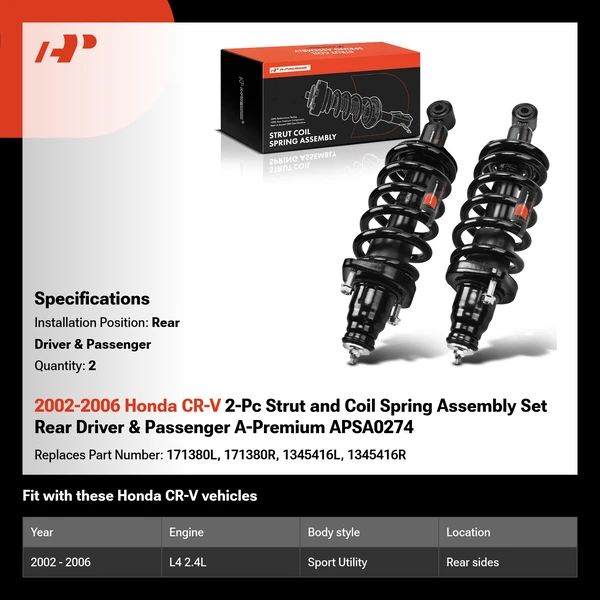 2002-2006 Honda CR-V 2-Pc Strut and Coil Spring Assembly Set Rear Driver & Passenger A-Premium APSA0274