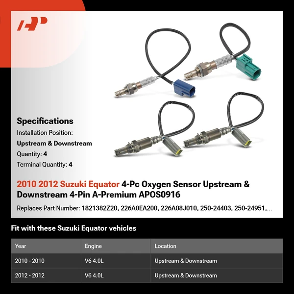 2010 2012 Suzuki Equator 4-Pc Oxygen Sensor Upstream & Downstream 4-Pin A-Premium APOS0916