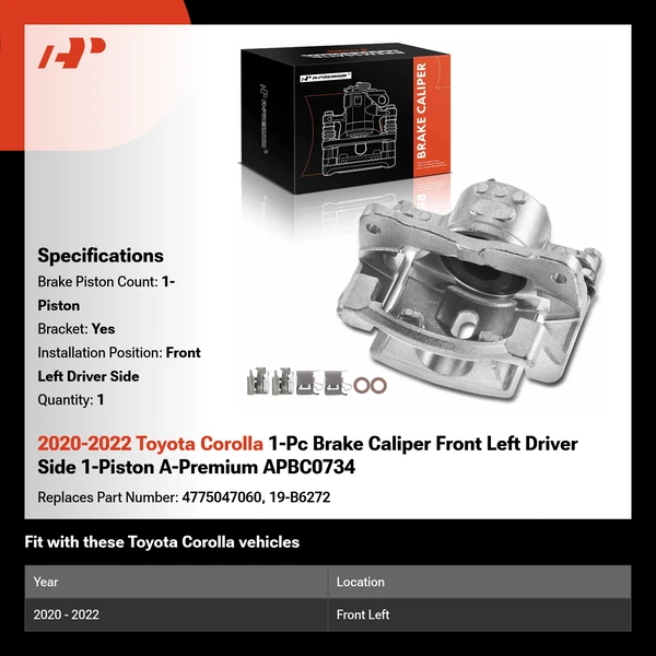 2020-2022 Toyota Corolla 1-Pc Brake Caliper Front Left Driver Side 1-Piston A-Premium APBC0734