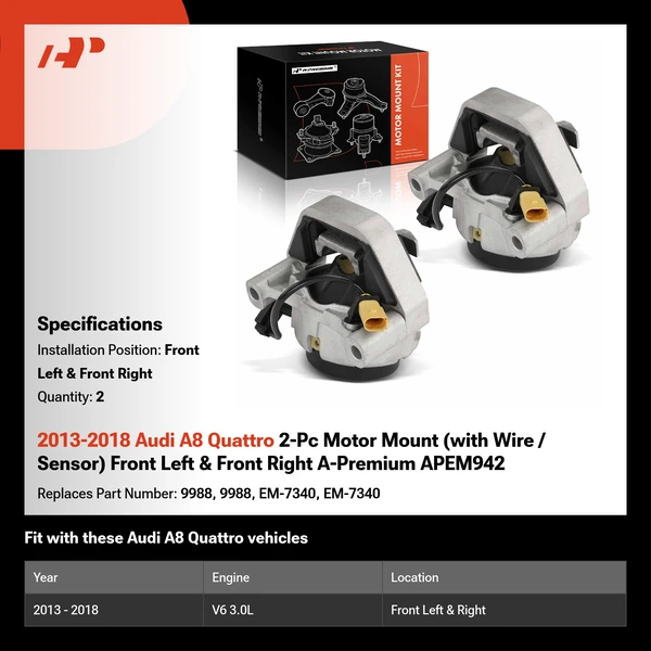 2013-2018 Audi A8 Quattro 2-Pc Motor Mount (with Wire / Sensor) Front Left & Front Right A-Premium APEM942