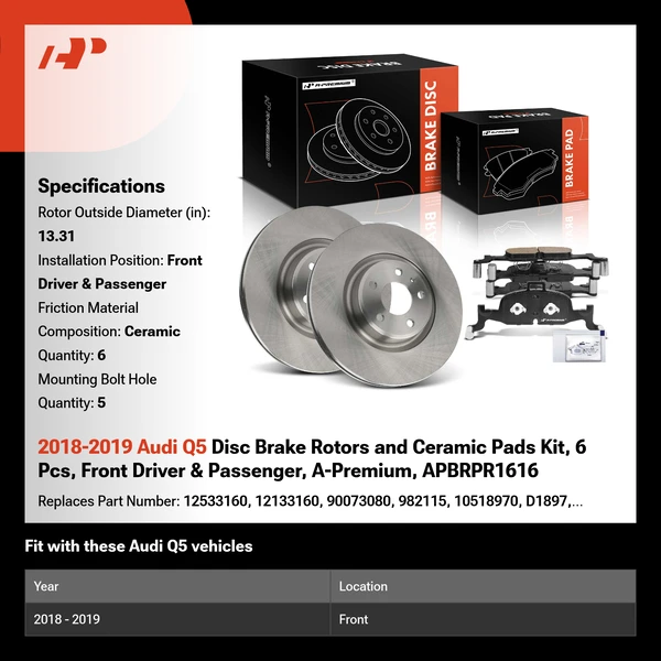 2018-2019 Audi Q5 Disc Brake Rotors and Ceramic Pads Kit, 6 Pcs, Front Driver & Passenger, A-Premium, APBRPR1616