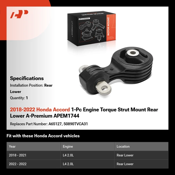 2018-2022 Honda Accord 1-Pc Engine Torque Strut Mount Rear Lower A-Premium APEM1744