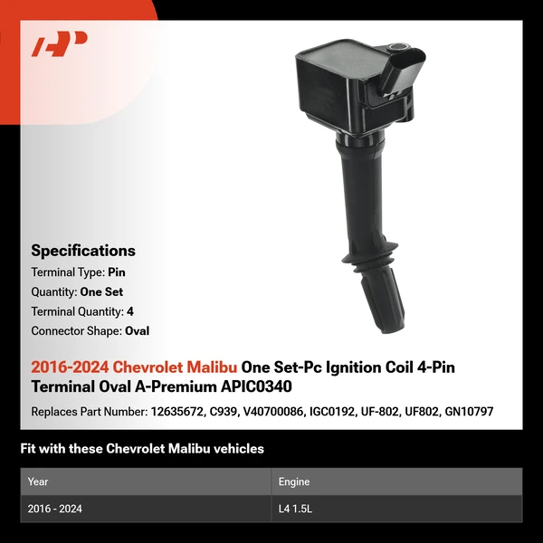2016-2024 Chevrolet Malibu One Set-Pc Ignition Coil 4-Pin Terminal Oval A-Premium APIC0340