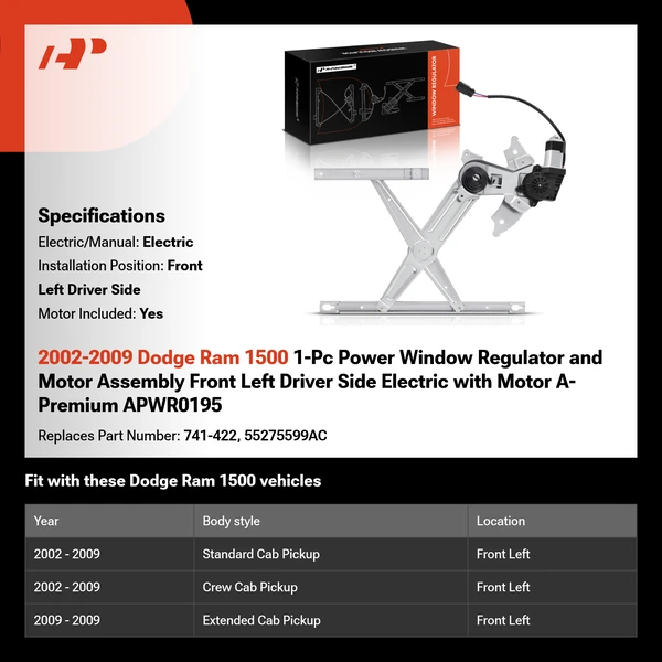 2002-2009 Dodge Ram 1500 1-Pc Power Window Regulator and Motor Assembly Front Left Driver Side Electric with Motor A-Premium APWR0195