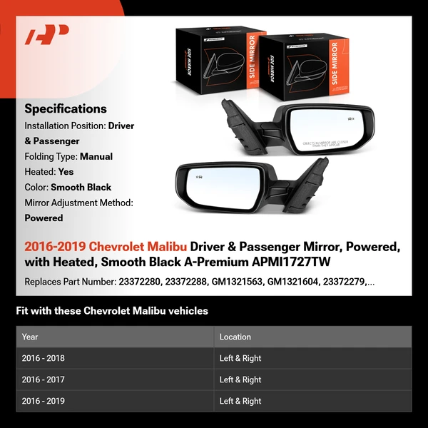 2016-2019 Chevrolet Malibu Driver & Passenger Mirror, Powered, with Heated, Smooth Black A-Premium APMI1727TW