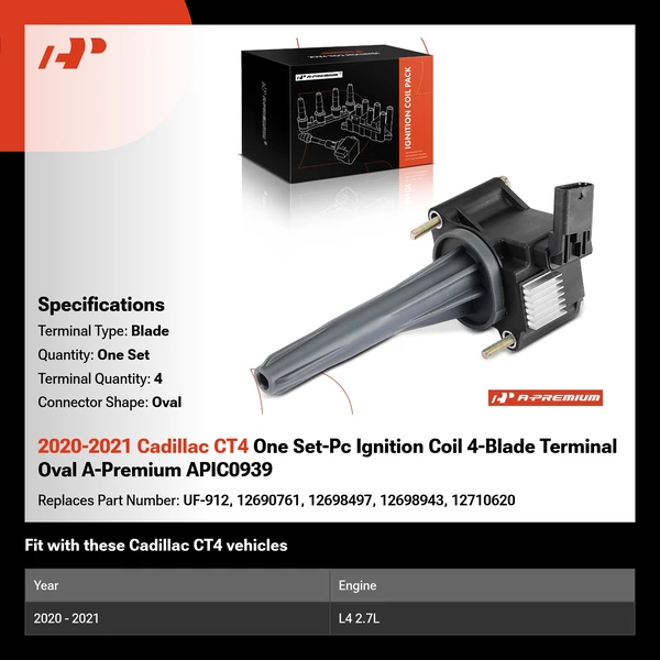 2020-2021 Cadillac CT4 One Set-Pc Ignition Coil 4-Blade Terminal Oval A-Premium APIC0939