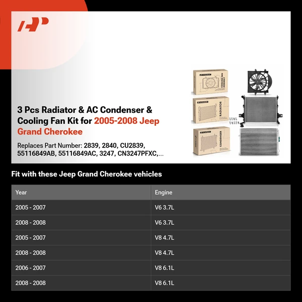 3 Pcs Radiator & AC Condenser & Cooling Fan Kit for 2005-2008 Jeep Grand Cherokee