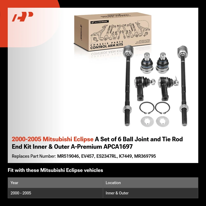 2000-2005 Mitsubishi Eclipse A Set of 6 Ball Joint and Tie Rod End Kit Inner & Outer A-Premium APCA1697