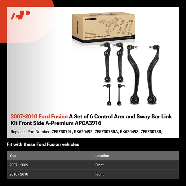 2007-2010 Ford Fusion A Set of 6 Control Arm and Sway Bar Link Kit Front Side A-Premium APCA3916