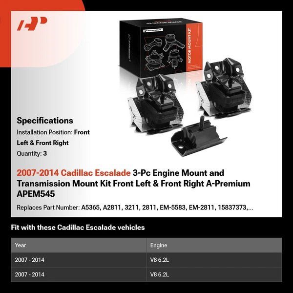 2007-2014 Cadillac Escalade 3-Pc Engine Mount and Transmission Mount Kit Front Left & Front Right A-Premium APEM545