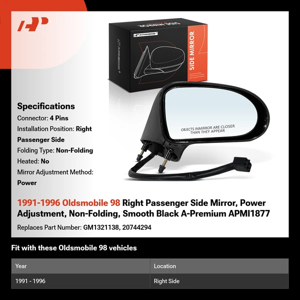 1991-1996 Oldsmobile 98 Right Passenger Side Mirror, Power Adjustment, Non-Folding, Smooth Black A-Premium APMI1877