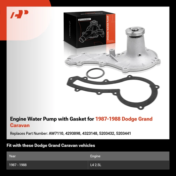 Engine Water Pump with Gasket for 1987-1988 Dodge Grand Caravan