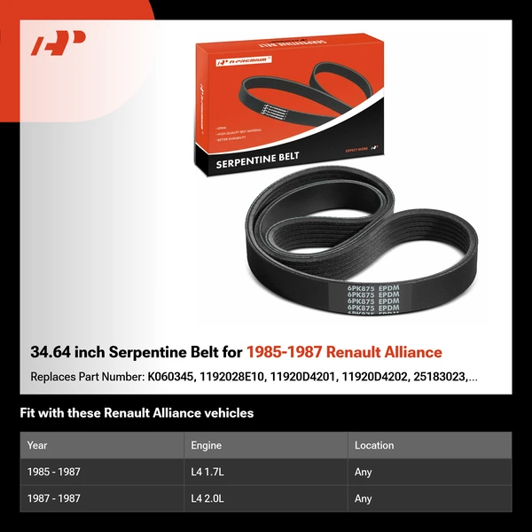 34.64 inch Serpentine Belt for 1985-1987 Renault Alliance
