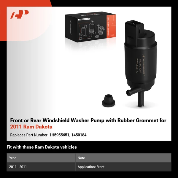 Front or Rear Windshield Washer Pump with Rubber Grommet for 2011 Ram Dakota