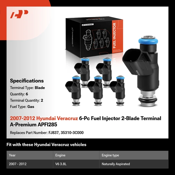 2007-2012 Hyundai Veracruz 6-Pc Fuel Injector 2-Blade Terminal A-Premium APFI285