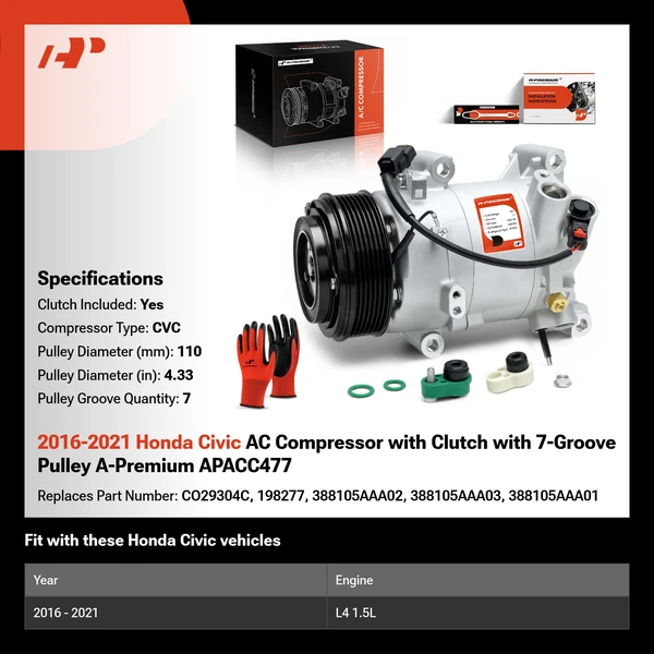 2016-2021 Honda Civic AC Compressor with Clutch with 7-Groove Pulley A-Premium APACC477