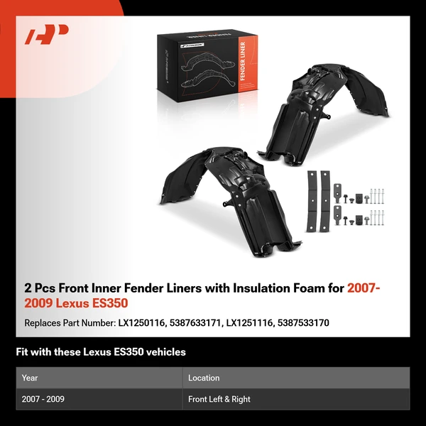 2 Pcs Front Inner Fender Liners with Insulation Foam for 2007-2009 Lexus ES350