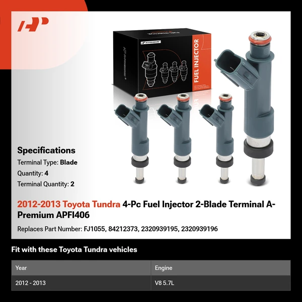 2012-2013 Toyota Tundra 4-Pc Fuel Injector 2-Blade Terminal A-Premium APFI406