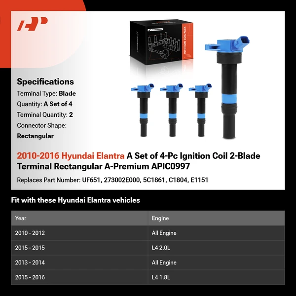 2010-2016 Hyundai Elantra A Set of 4-Pc Ignition Coil 2-Blade Terminal Rectangular A-Premium APIC0997