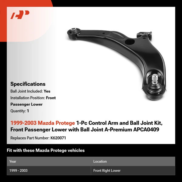 1999-2003 Mazda Protege 1-Pc Control Arm and Ball Joint Kit, Front Passenger Lower with Ball Joint A-Premium APCA0409