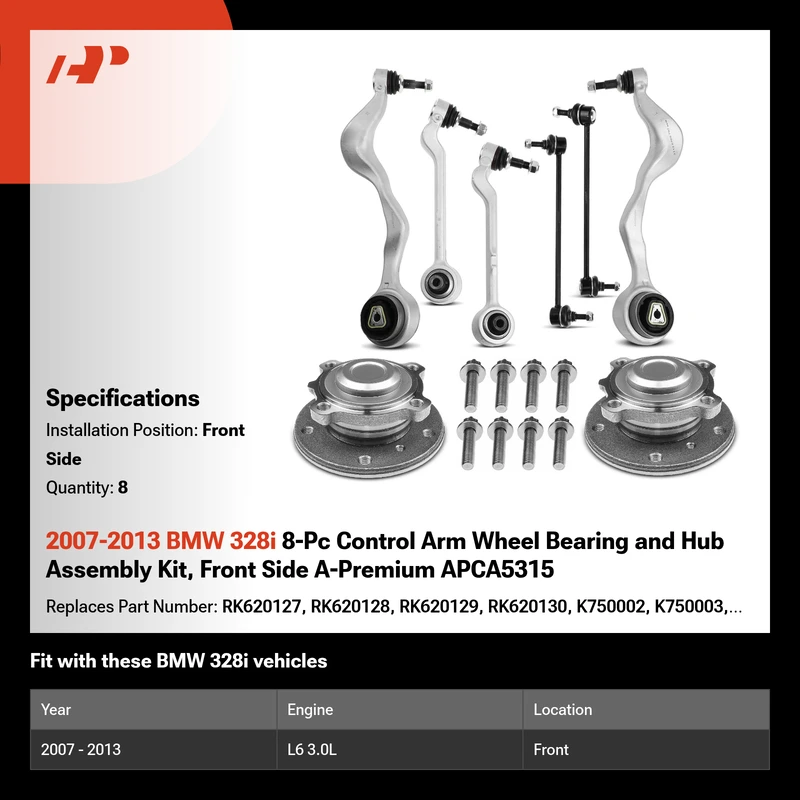 2007-2013 BMW 328i 8-Pc Control Arm Wheel Bearing and Hub Assembly Kit, Front Side A-Premium APCA5315